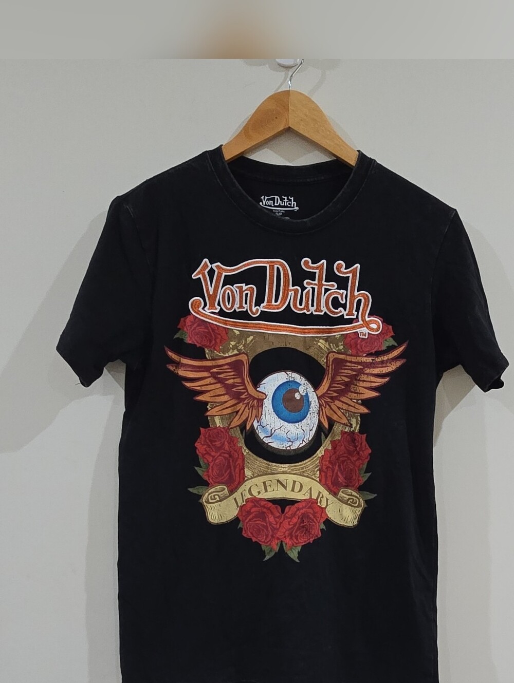 Von Dutch Embroidered Logo Flying Eye Graphic Print Black Distressed T-Shirt S
